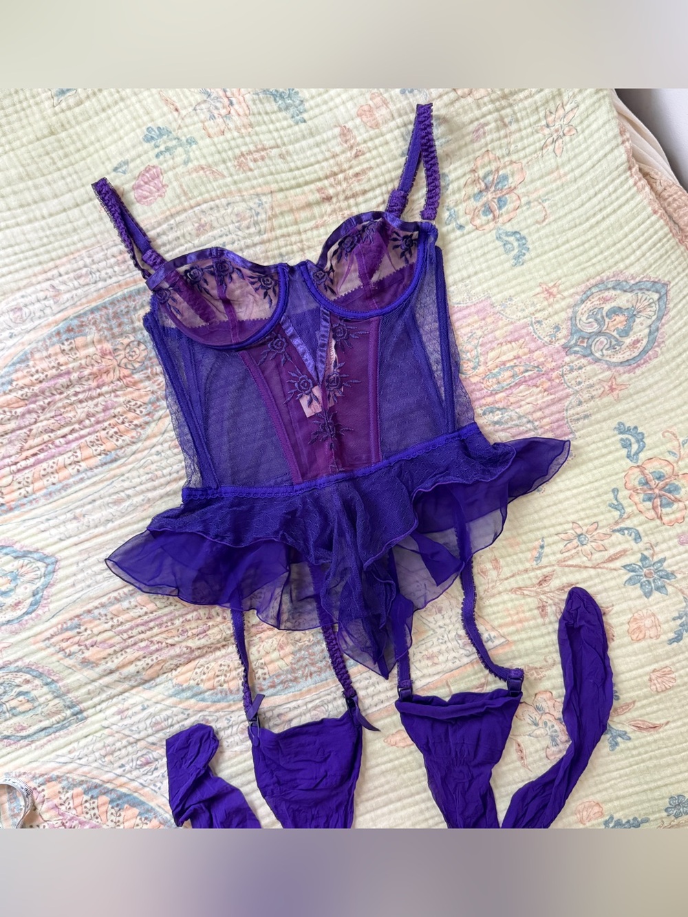 Vintage Victoria’s Secret Gold Label Purple Floral Embroidered Bustier Corset 34